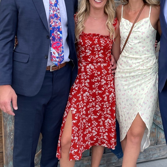 Lulus Garden Date Red Orange Floral Print Ruffle Midi Dress - Picture 5 of 5